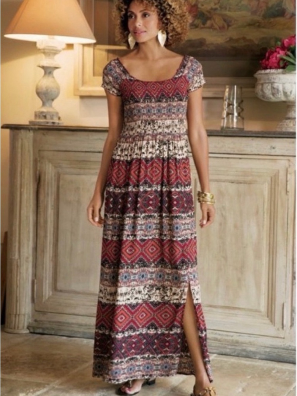 Boho Printed Red Maxi Dress with Short Sleeves